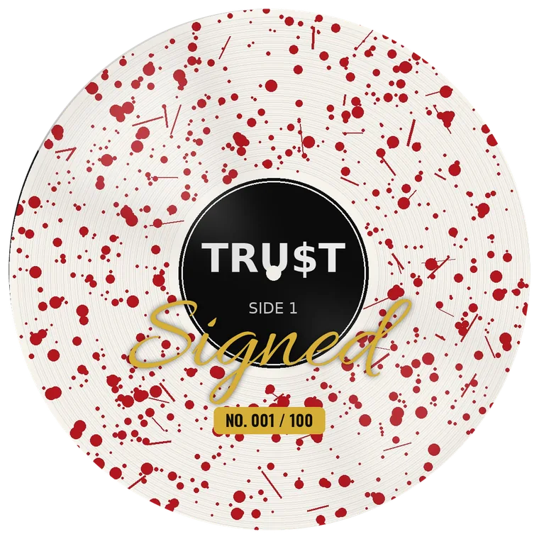 Bone-white record with red splatter, marked Signed and numbered