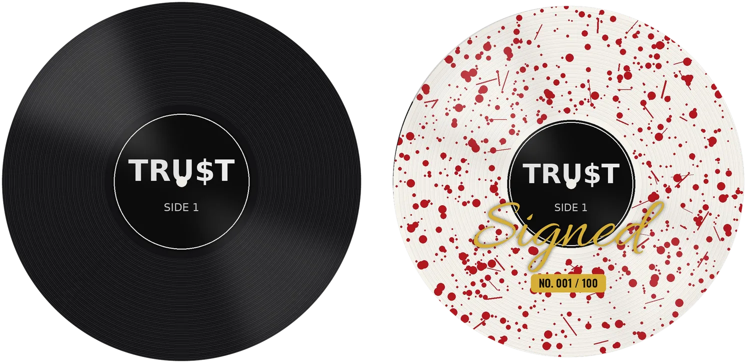 Two 12-inch records: a black pressing, and a bone-white pressing with red splatter marked Signed, No. 001 of 100.